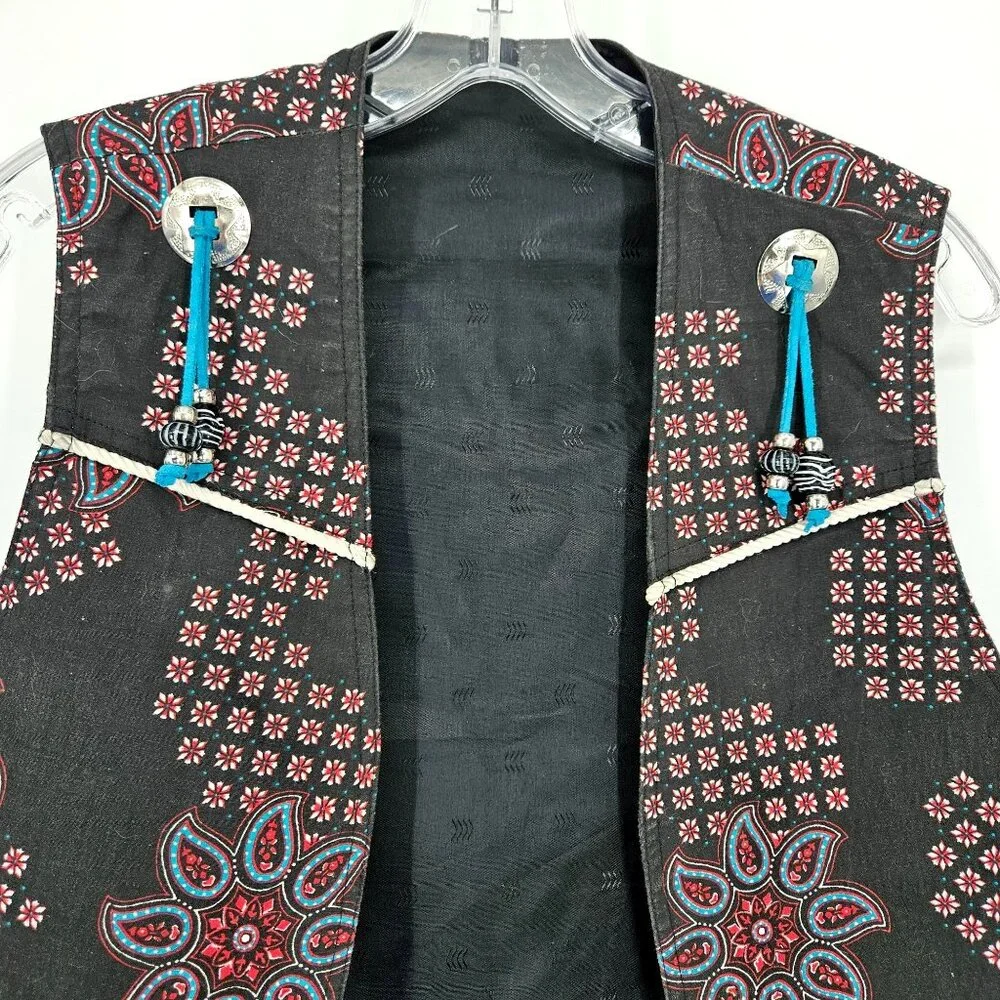 Western Boho Floral Vest Women Medium Black Blue Silver Buttons Beaded Lined - Picture 2 of 9